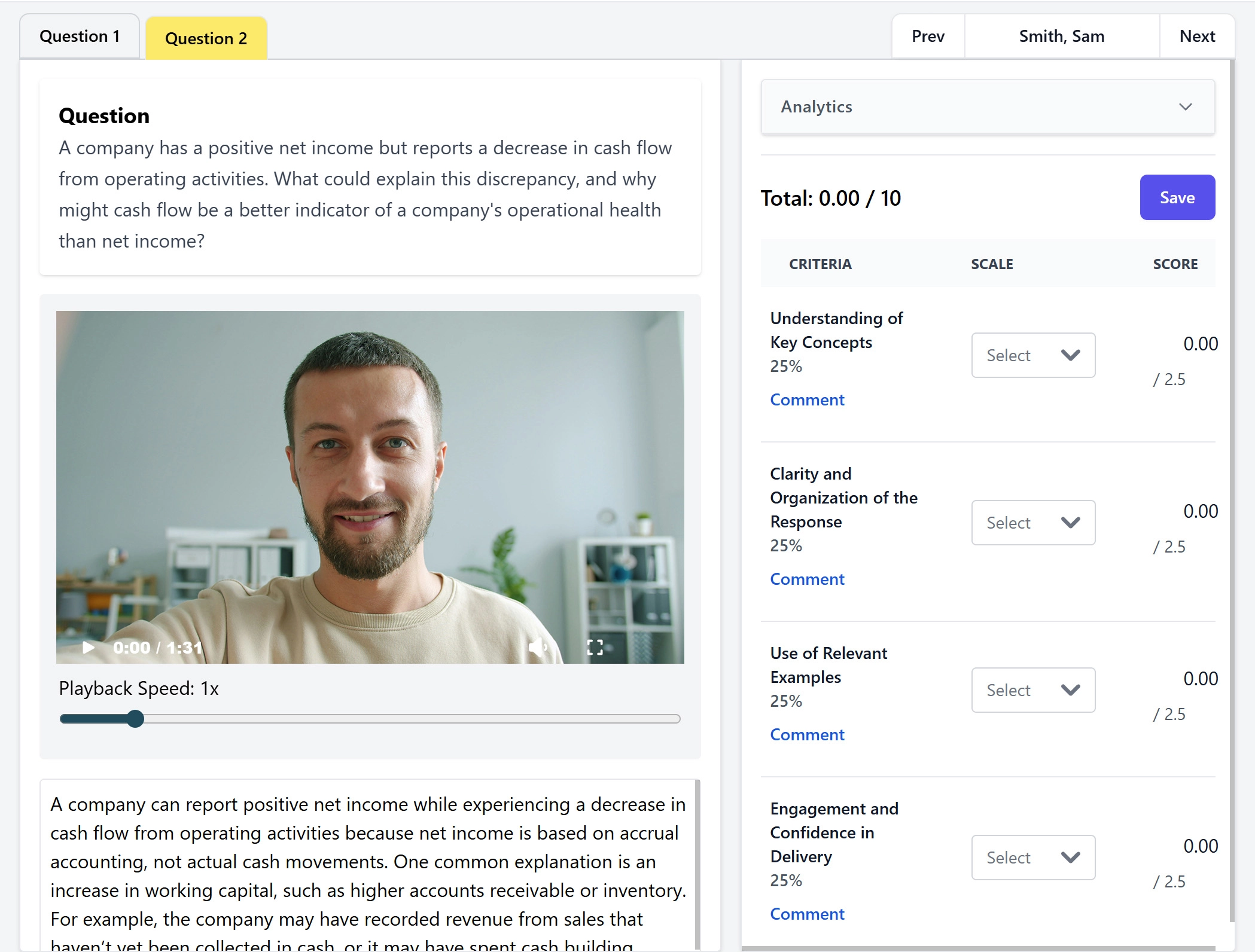 Split-screen grading dashboard showing rubric and student video